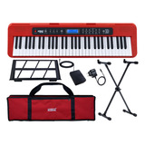 Kit Teclado Musical Iniciante Kobe Kb 300 Vermelho 61 Teclas Com Sensibilidade Pedal Suporte Capa